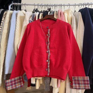 Red Cozy Knit Sweater Plaid Detail